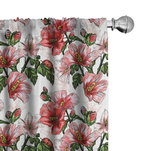 Ambesonne Ladybugs Curtains, Hibiscus Exotic Flora, Pair of 28"x63", Red Coral Green