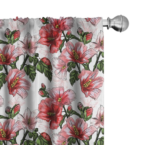 Ambesonne Ladybugs Curtains, Hibiscus Exotic Flora, Pair of 28"x95", Red Coral Green