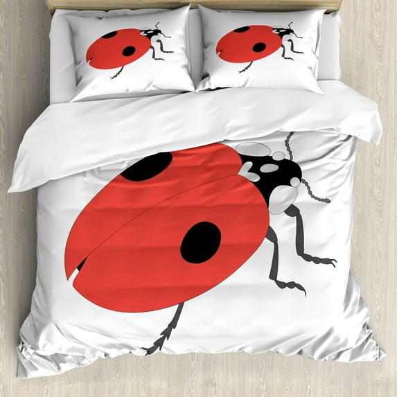 Ambesonne Ladybugs Duvet Cover Set, Enormous Dame Beetle Art, King, White Black and Dark Grey