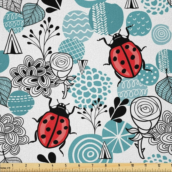 Ambesonne Ladybugs Fabric by the Yard Microfiber, Romantic Roses Flowers, 3 Yards, Pale Blue Red Black