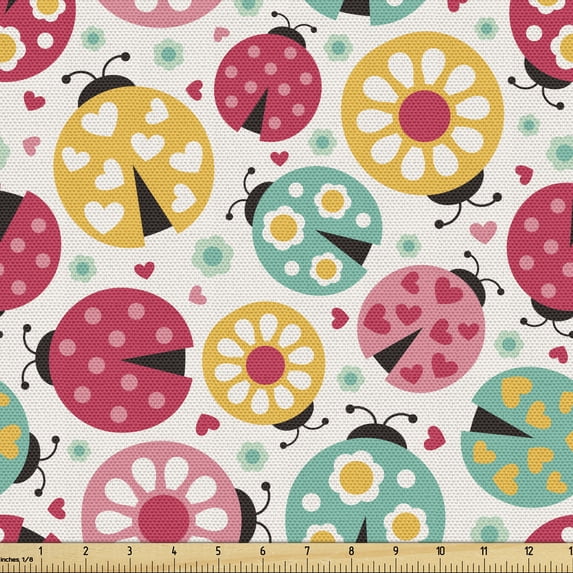 Ambesonne Ladybugs Fabric by the Yard Upholstery, Abstract Beetle Design, 5 Yards, Multicolor