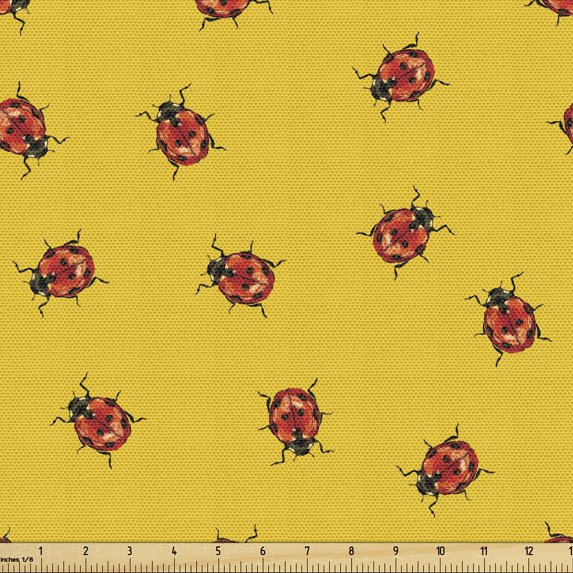 Ambesonne Ladybugs Fabric by the Yard Upholstery, Dame Beetles Repeated Art, 5 Yards, Earth Yellow Vermilion