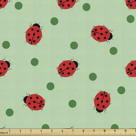 Ambesonne Ladybugs Fabric by the Yard Upholstery, Polka Dots with Insect, 5 Yards, Black Green and Red