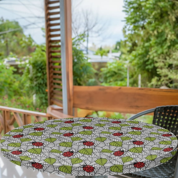 Ambesonne Ladybugs Fitted Round Tablecloth, Ecological Inspiration, 56"- 60" Diameter, Green Black Red