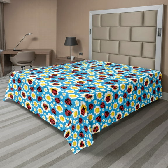 Ambesonne Ladybugs Flat Sheet, Abstract Daisies Bugs, Queen Size, Multicolor