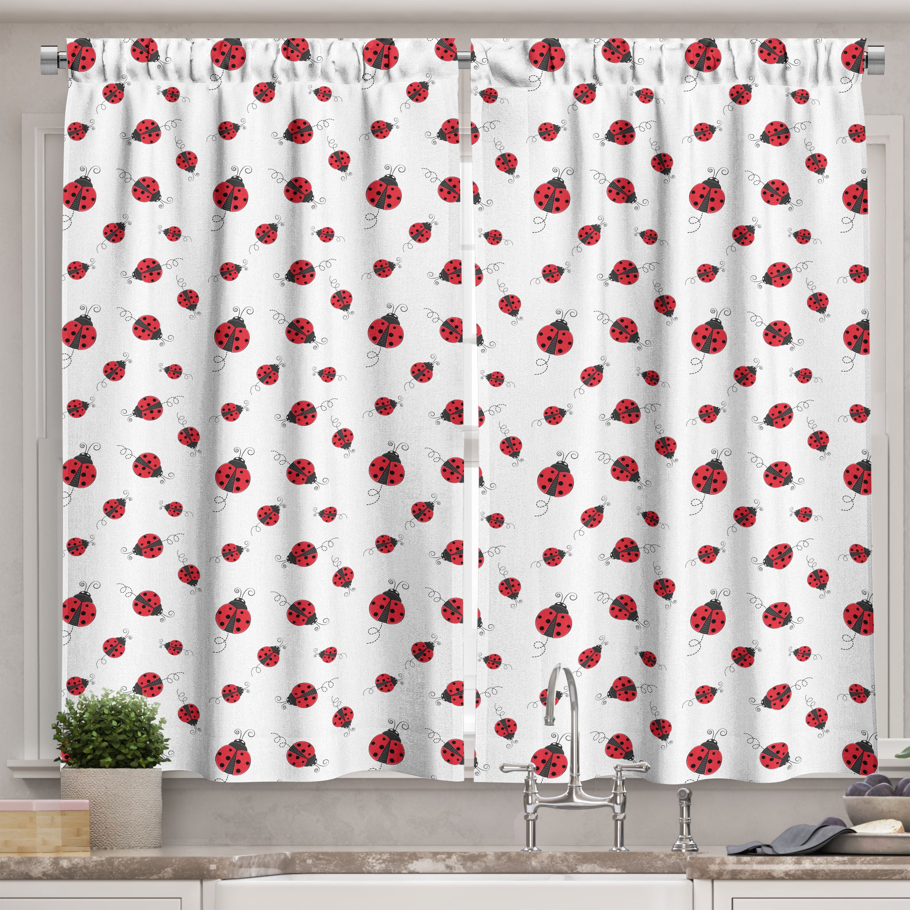 Ambesonne Ladybugs Kitchen Curtains, Dotted Winged Animals, 55