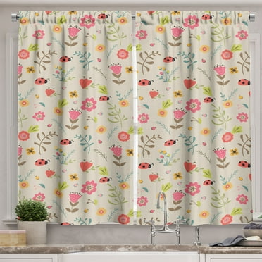 Ambesonne Ladybugs Kitchen Curtains, Flowers and Little Insects, 55"x24", Multicolor