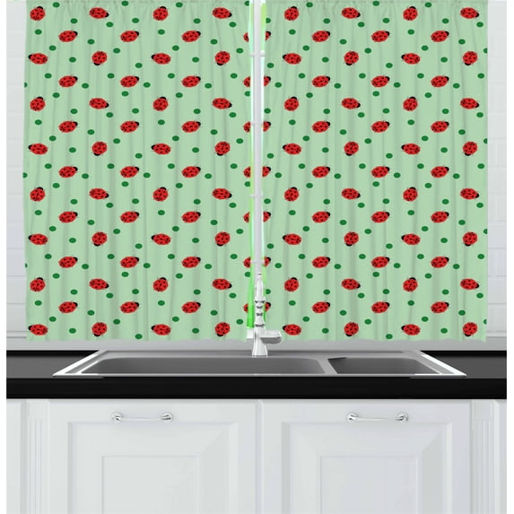 Ambesonne Ladybugs Kitchen Curtains, Polka Dots with Insect, 55"x45", Black Green and Red