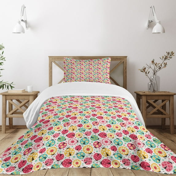 Ambesonne Ladybugs Quilted Bedspread Set 2 Pcs, Abstract Beetle Design, Twin Size, Multicolor