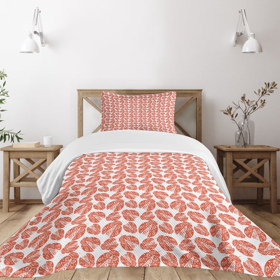 Ambesonne Ladybugs Quilted Bedspread Set 2 Pcs, Flower Patterned Wings, Twin Size, Vermilion White
