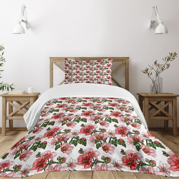 Ambesonne Ladybugs Quilted Bedspread Set 2 Pcs, Hibiscus Exotic Flora, Twin Size, Red Coral Green