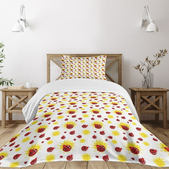 Ambesonne Ladybugs Quilted Bedspread Set 2 Pcs, Summer Inspired Bugs, Twin Size, Red Black Yellow