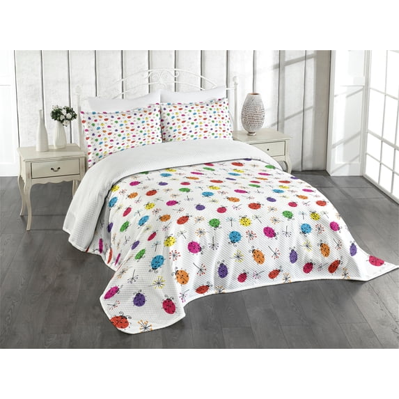 Ambesonne Ladybugs Quilted Bedspread Set 3 Pcs, Dot Insects Illustration, King Size, Multicolor