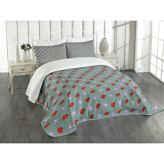 Ambesonne Ladybugs Quilted Bedspread Set 3 Pcs, Flora and Fauna Design, King Size, Multicolor