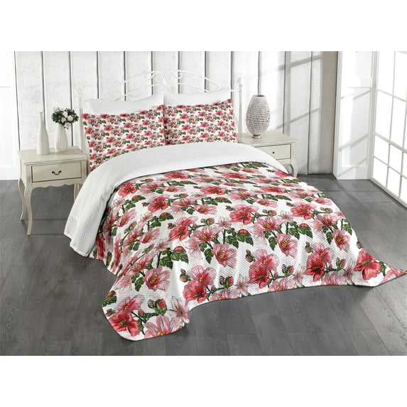 Ambesonne Ladybugs Quilted Bedspread Set 3 Pcs, Hibiscus Exotic Flora, Queen Size, Red Coral Green