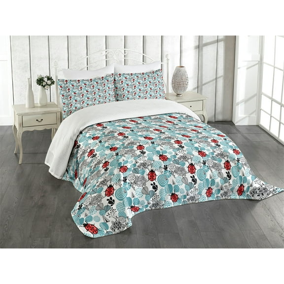 Ambesonne Ladybugs Quilted Bedspread Set 3 Pcs, Romantic Roses Flowers, King Size, Pale Blue Red Black