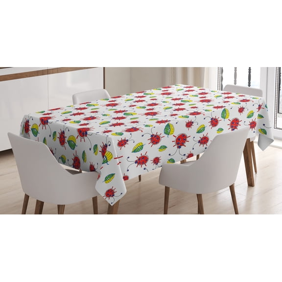 Ambesonne Ladybugs Tablecloth Rectangular Table Cover, Doodle Cartoon, 52"x70", Multicolor