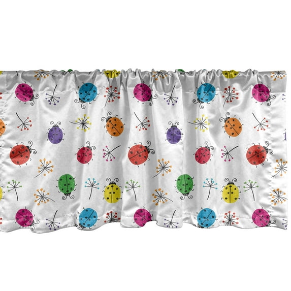 Ambesonne Ladybugs Window Valance, Dotted Insects with Floral Illustration Valentines Day Inspired Romantic Elements, Curtain Valance for Kitchen Bedroom Decor with Rod Pocket, 54" X 12", Multicolor