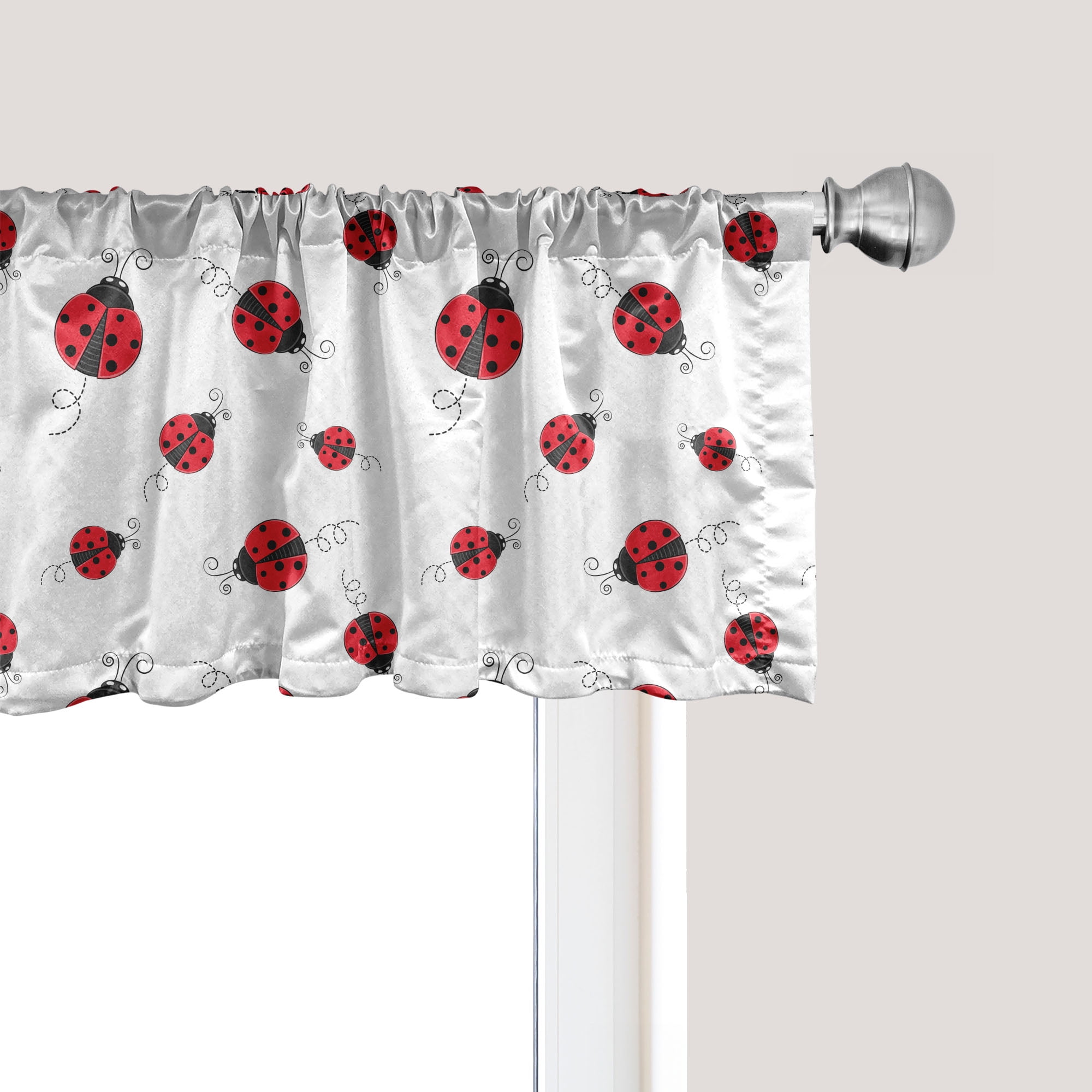 Ladybug Pattern Red and White Satin Rod Pocket Valance