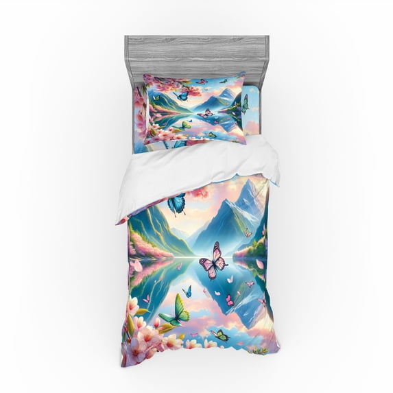 Ambesonne Lake Bedding Set 3 Pcs, Butterflies Cherry Blossoms, TwinXL, Pink Sky Blue Green