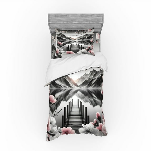 Ambesonne Lake Bedding Set 3 Pcs, Cherry Blossoms and Mountains, Twin, Grey and Blush