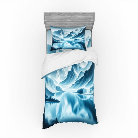 Ambesonne Lake Bedding Set 3 Pcs, Cold Mountain Peaks Icy Water, Twin, Pale Blue Petrol Blue