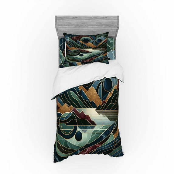 Ambesonne Lake Bedding Set 3 Pcs, Fibonacci Details Mountains, TwinXL, Raspberry Pale Teal Blue