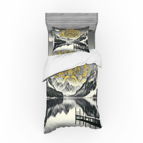 Ambesonne Lake Bedding Set 3 Pcs, Mandala and Mountain Panorama, Twin, Yellow and Grey