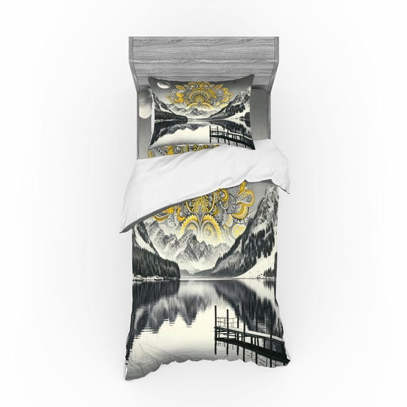 Ambesonne Lake Bedding Set 3 Pcs, Mandala and Mountain Panorama, TwinXL, Yellow and Grey
