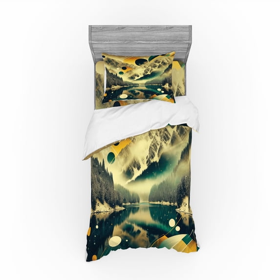 Ambesonne Lake Bedding Set 3 Pcs, Misty Lake Scenery Dark Woods, Twin, Emerald Pale Green Amber