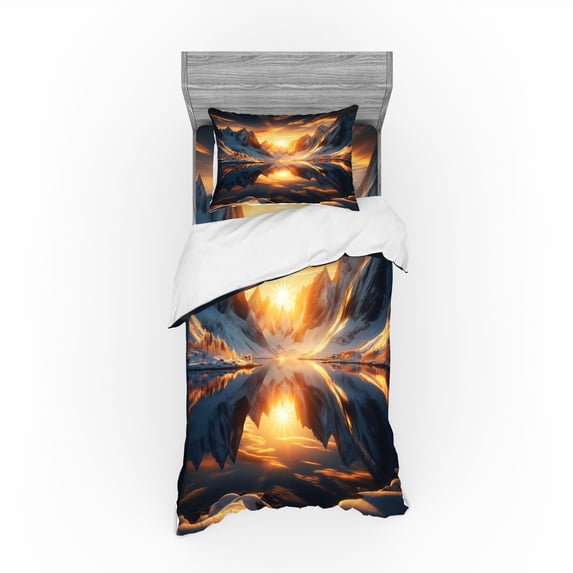 Ambesonne Lake Bedding Set 3 Pcs, Reflection Snowy Mountain Dawn, TwinXL, Orange and Dark Blue