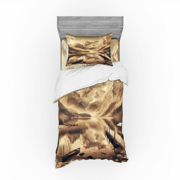 Ambesonne Lake Bedding Set 3 Pcs, Snowy Mountains Sepia Effect, Twin, Grey Yellow Warm Taupe