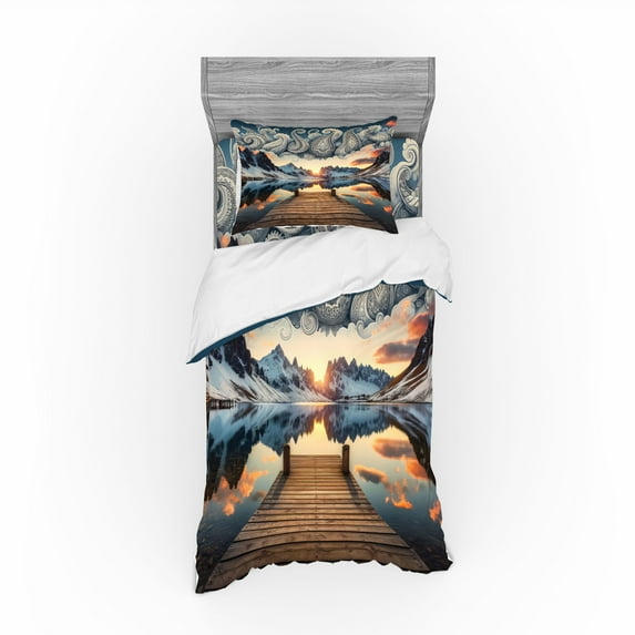 Ambesonne Lake Bedding Set 3 Pcs, Sunset Mountains Pier Paisley, TwinXL, Slate Blue and Peach