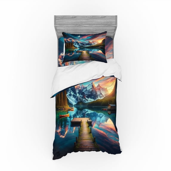 Ambesonne Lake Bedding Set 3 Pcs, Wooden Pier Dramatic Night, TwinXL, Coral Dark Turquoise