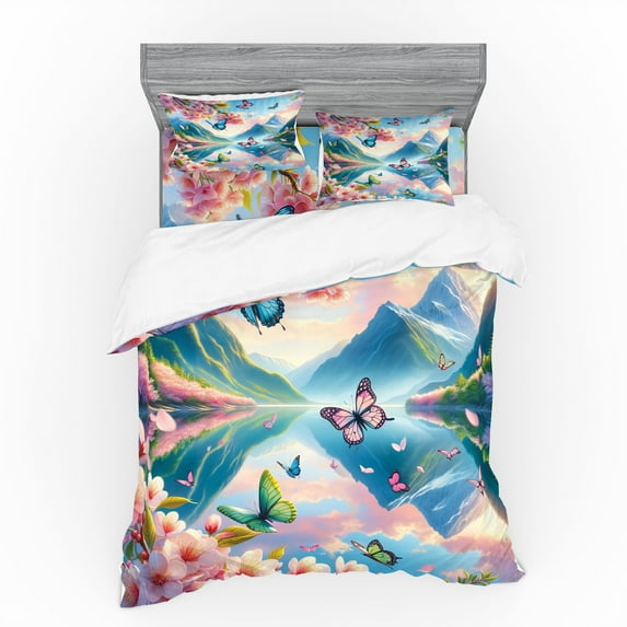 Ambesonne Lake Bedding Set 4 Pcs, Butterflies Cherry Blossoms, Queen, Pink Sky Blue Green
