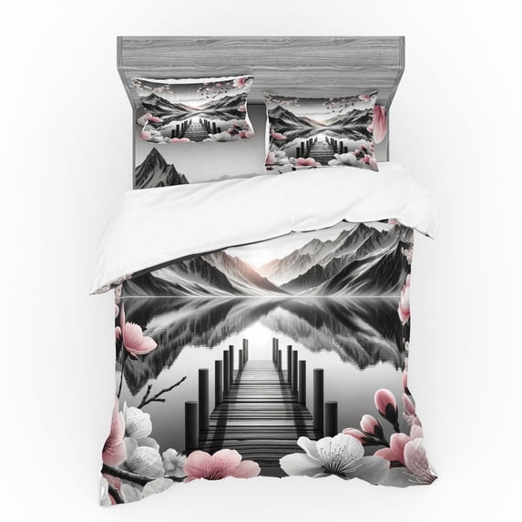 Ambesonne Lake Bedding Set 4 Pcs, Cherry Blossoms and Mountains, King, Grey and Blush