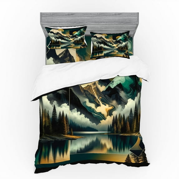 Ambesonne Lake Bedding Set 4 Pcs, Clouds Mountains Geometric Art, King, Teal Earth Yellow Grey