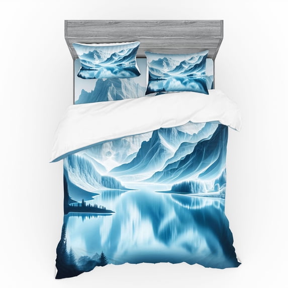 Ambesonne Lake Bedding Set 4 Pcs, Cold Mountain Peaks Icy Water, King, Pale Blue Petrol Blue