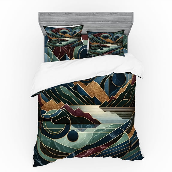 Ambesonne Lake Bedding Set 4 Pcs, Fibonacci Details Mountains, King, Raspberry Pale Teal Blue