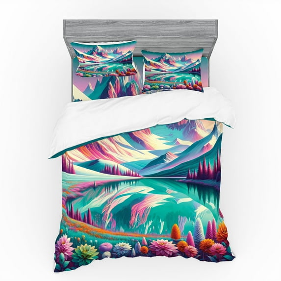 Ambesonne Lake Bedding Set 4 Pcs, Flowery Meadow Mountain Scene, King, Teal Pastel Pink Indigo