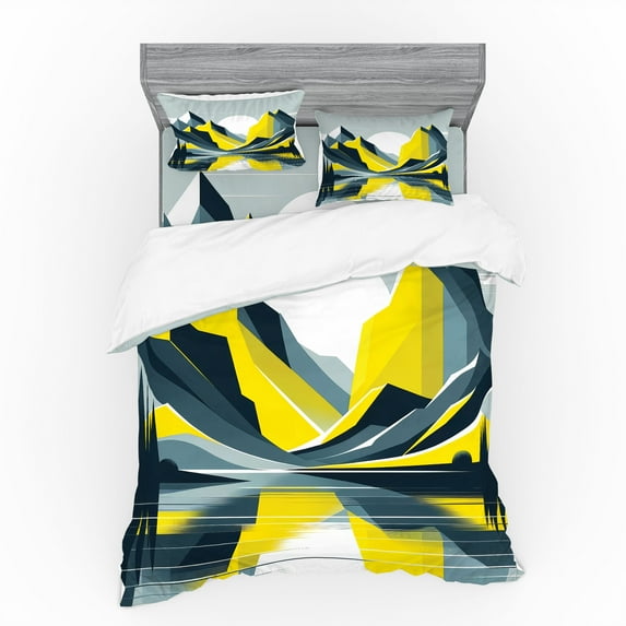 Ambesonne Lake Bedding Set 4 Pcs, Modern boho Sunrise Mountains, Queen, Mustard Purpleblue White