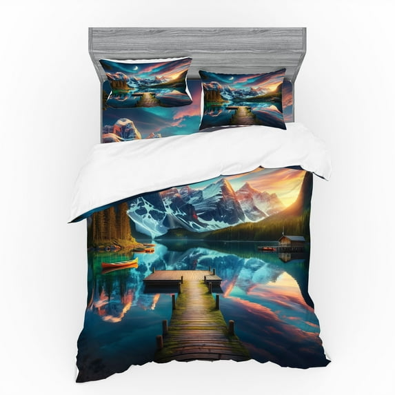 Ambesonne Lake Bedding Set 4 Pcs, Wooden Pier Dramatic Night, Calking, Coral Dark Turquoise