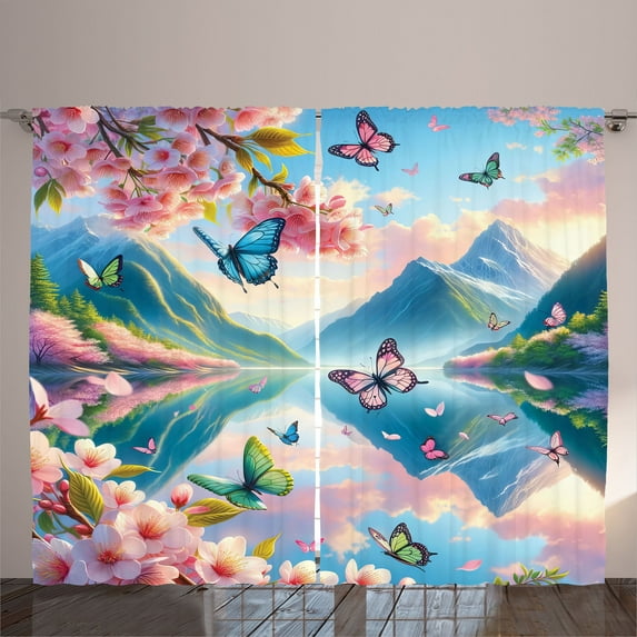 Ambesonne Lake Curtains 2 Panel Set, Butterflies Cherry Blossoms, 108" x 108", Pink Sky Blue Green