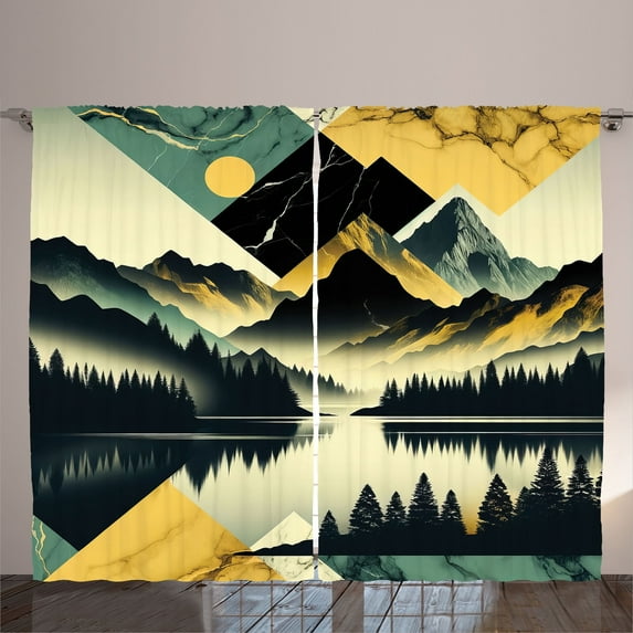 Ambesonne Lake Curtains 2 Panel Set, Dark Woods Mountains Modern, 108" x 108", Dark Green Teal Khaki