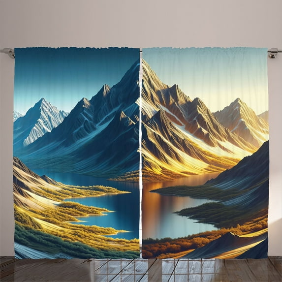 Ambesonne Lake Curtains 2 Panel Set, Dreamy Art Snowy Mountains Sun, 108" x 108", Sea Blue Dark Khaki