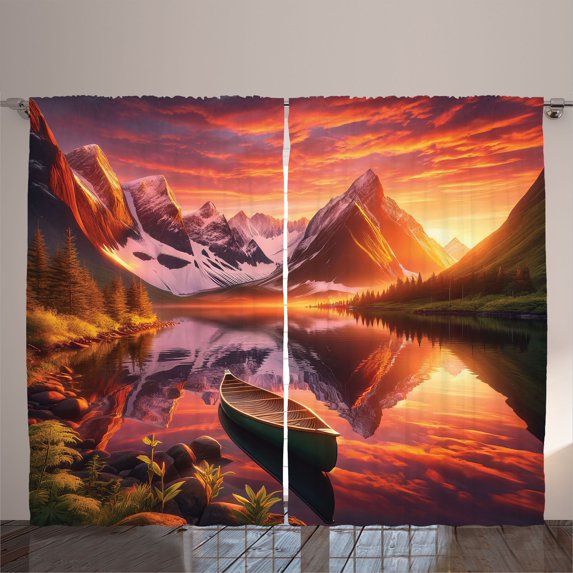 Ambesonne Lake Curtains 2 Panel Set, Lonely Boat Mountain Landscape, 108" x 108", Olive Green and Burnt Sienna