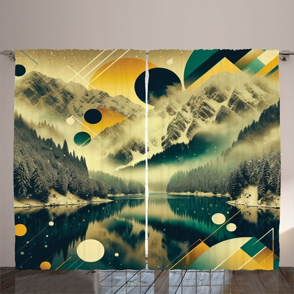 Ambesonne Lake Curtains 2 Panel Set, Misty Lake Scenery Dark Woods, 108" x 63", Emerald Pale Green Amber