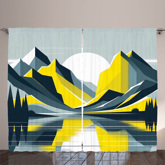Ambesonne Lake Curtains 2 Panel Set, Modern boho Sunrise Mountains, 108" x 84", Mustard Purpleblue White