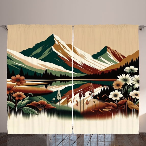 Ambesonne Lake Curtains 2 Panel Set, Peaceful Meadow Scene Woods, 108" x 96", Hunter Green Pale Redwood
