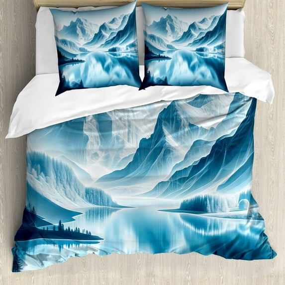 Ambesonne Lake Duvet Cover Set, Cold Mountain Peaks Icy Water, Queen, Pale Blue Petrol Blue